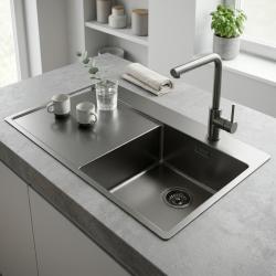 Pure.Sink Exclusivo Gun Metal kleine spoelbak met afdruipgedeelte 78x52 cm Tapwing rechts PEX3478RT-61